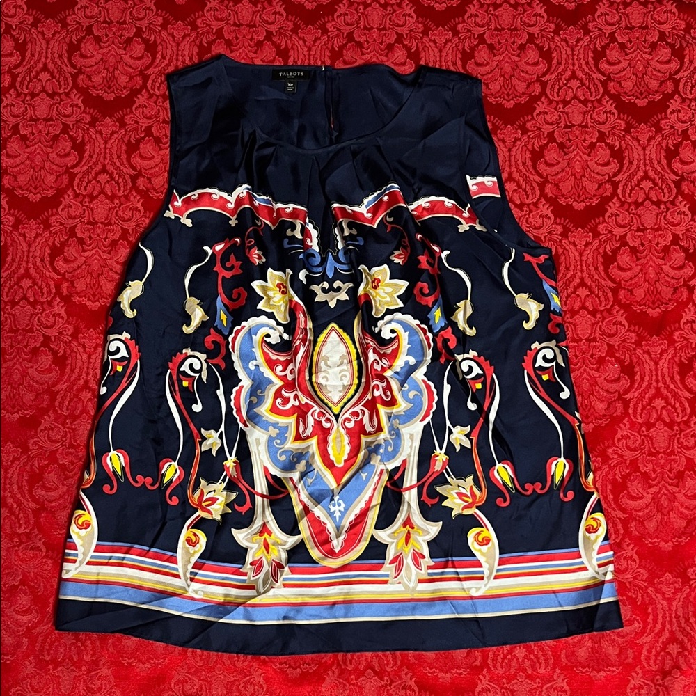Talbots Women’s 10P Navy Multicolor 100% Silk Paisley Sleeveless Blouse